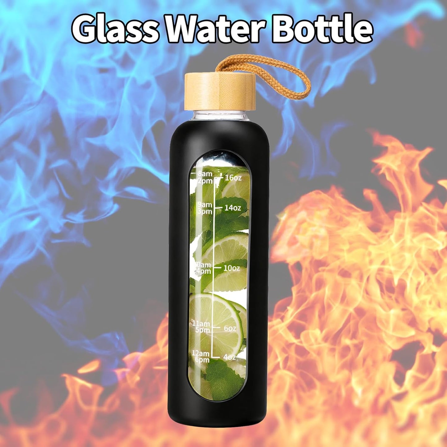 18 OZ Glass Water Bottles, Water Bottle with Time Marker, Leakproof Glass Water Bottles with Silicone Sleeves, Suitable for Offices and Gyms. (Black)