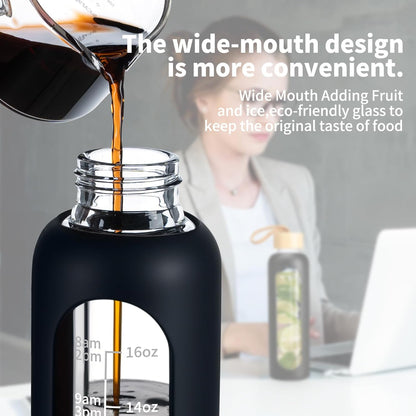18 OZ Glass Water Bottles, Water Bottle with Time Marker, Leakproof Glass Water Bottles with Silicone Sleeves, Suitable for Offices and Gyms. (Black)