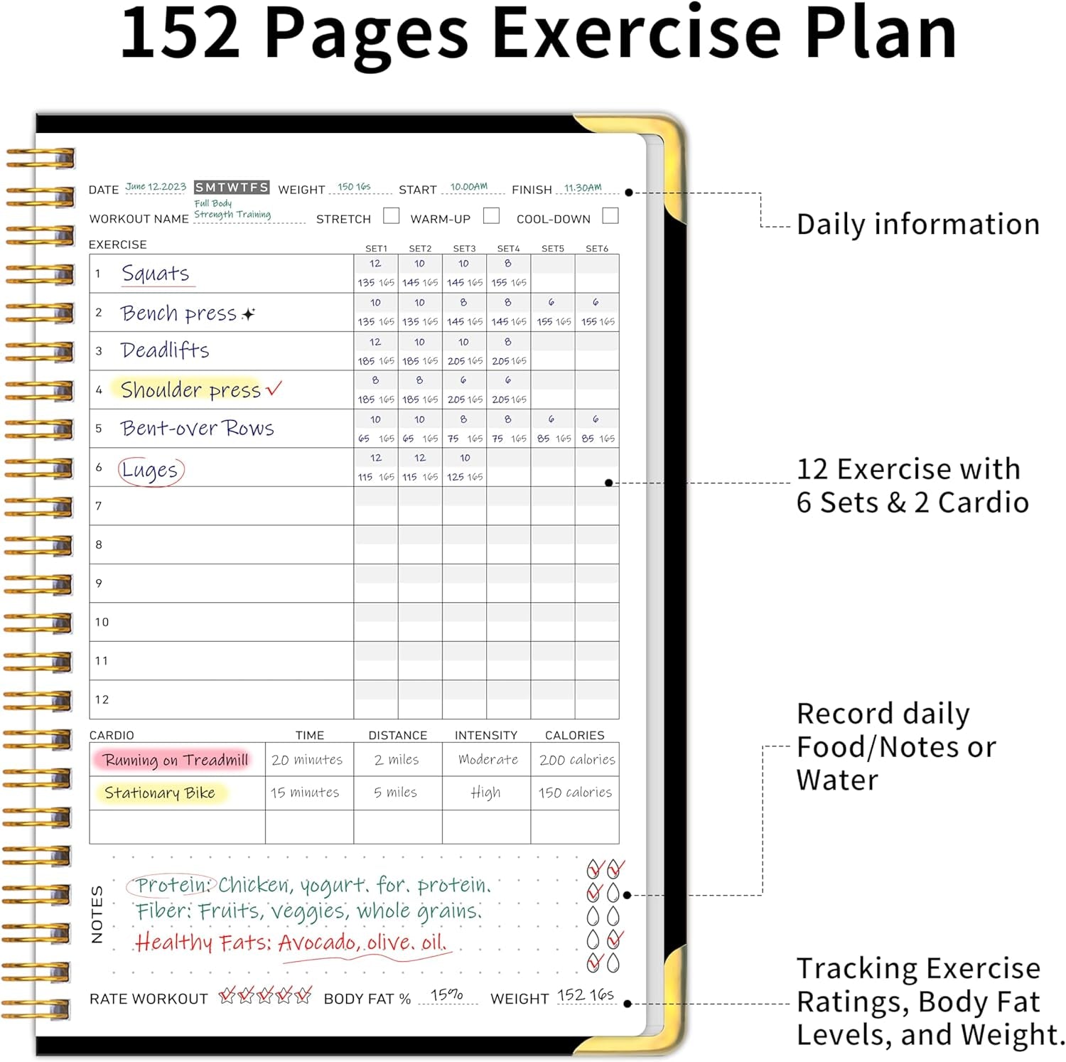 Fitness Workout Journal for Women & Men, A5(5.7" X 8.2") Workout Log Book Planner for Track Gym ＆ Home Workouts, Track Progress, Achieve Your Wellness Goals - Black