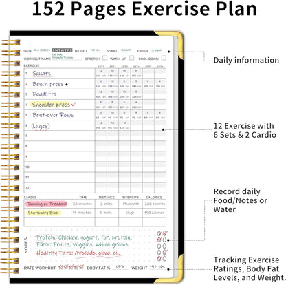 Fitness Workout Journal for Women & Men, A5(5.7" X 8.2") Workout Log Book Planner for Track Gym ＆ Home Workouts, Track Progress, Achieve Your Wellness Goals - Black