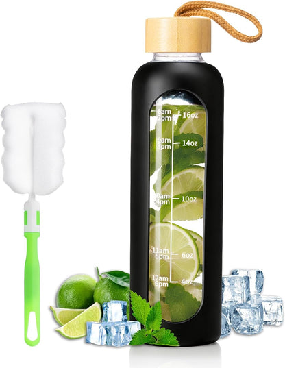 18 OZ Glass Water Bottles, Water Bottle with Time Marker, Leakproof Glass Water Bottles with Silicone Sleeves, Suitable for Offices and Gyms. (Black)