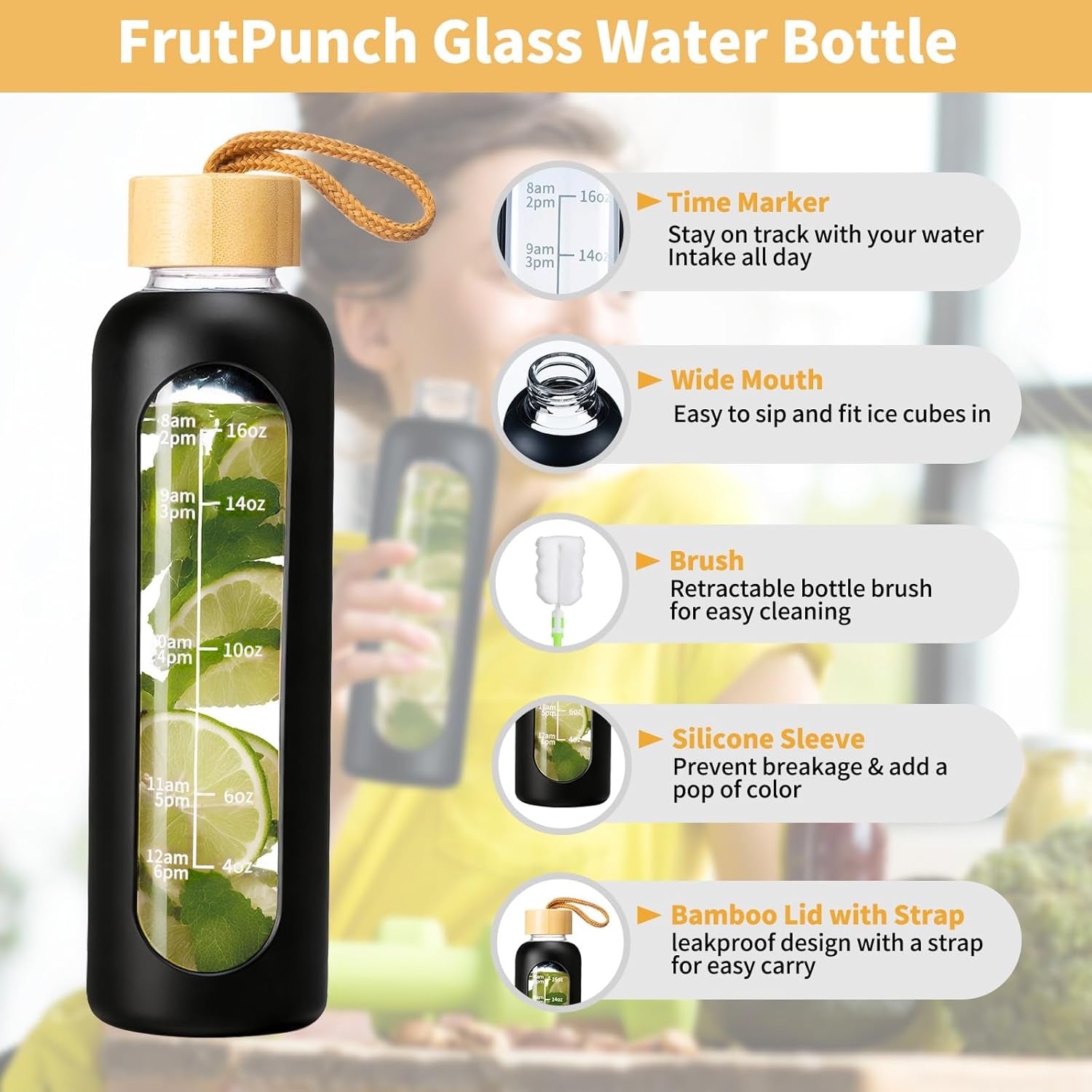 18 OZ Glass Water Bottles, Water Bottle with Time Marker, Leakproof Glass Water Bottles with Silicone Sleeves, Suitable for Offices and Gyms. (Black)