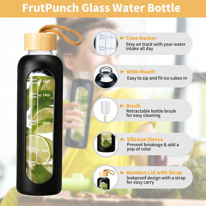 18 OZ Glass Water Bottles, Water Bottle with Time Marker, Leakproof Glass Water Bottles with Silicone Sleeves, Suitable for Offices and Gyms. (Black)